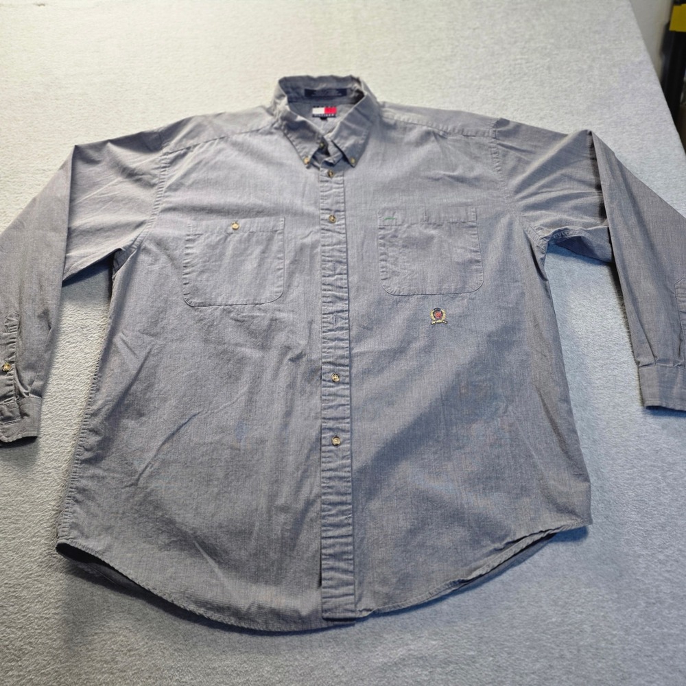 Tommy Hilfiger Mens XL Blue Button Down Shirt Cotton Crest Logo Long Sleeve